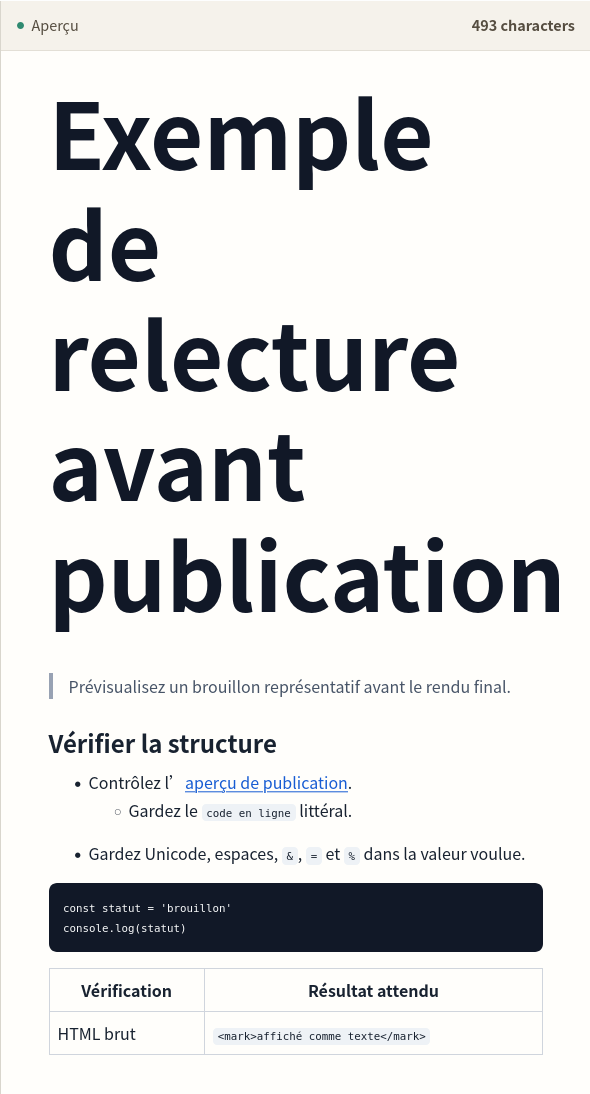 Rendu Markdown avec lien, liste, code, tableau et HTML échappé.
