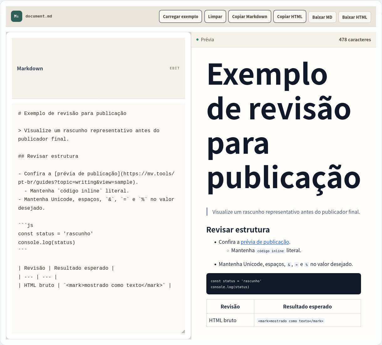 Fonte Markdown e prévia ao vivo lado a lado.