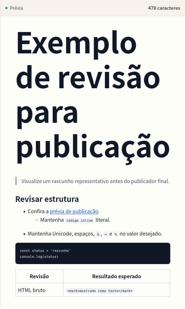 Saída Markdown com link, lista, código, tabela e HTML escapado.