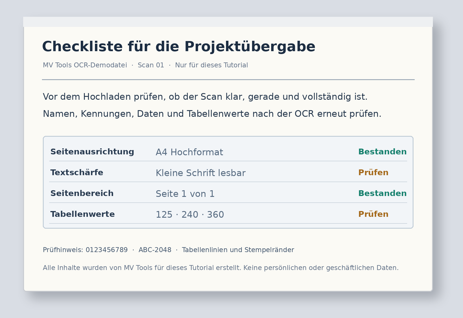 Selbst erstellte deutsche gescannte Demonstrationsseite mit Notizen, Zahlen und einer Checkliste mit vier Zeilen