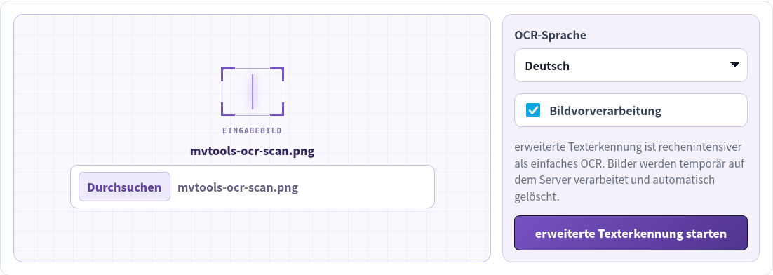 Erweitertes Bild-OCR mit ausgewähltem deutschem Scan, Deutsch und aktivierter Bildvorverarbeitung