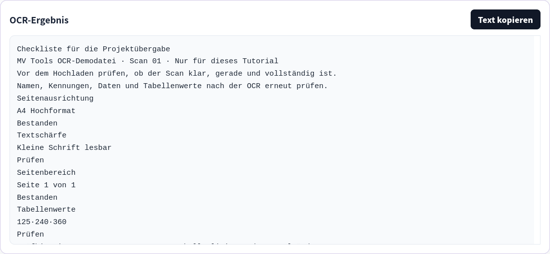 OCR-Textausgabe mit aus dem Beispielscan extrahiertem Text