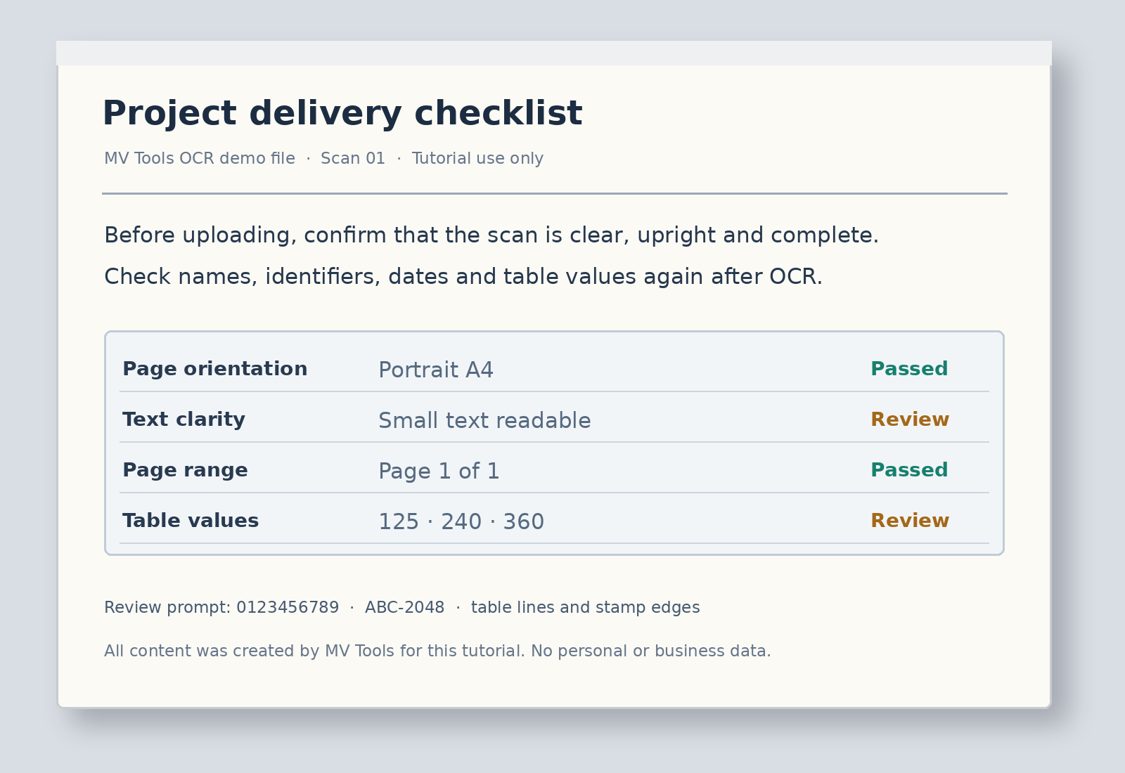 Self-authored English scanned demonstration page with notes, numbers and a four-row checklist