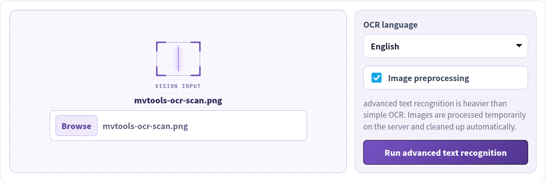 Advanced Image OCR with an English scan selected, English chosen and image preprocessing enabled