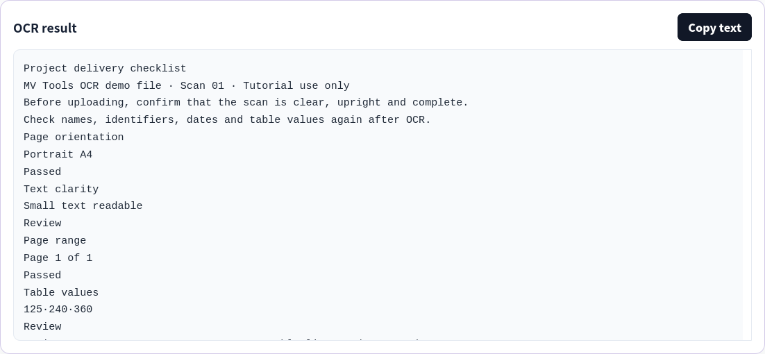 OCR text output panel showing extracted text from the self-authored scan