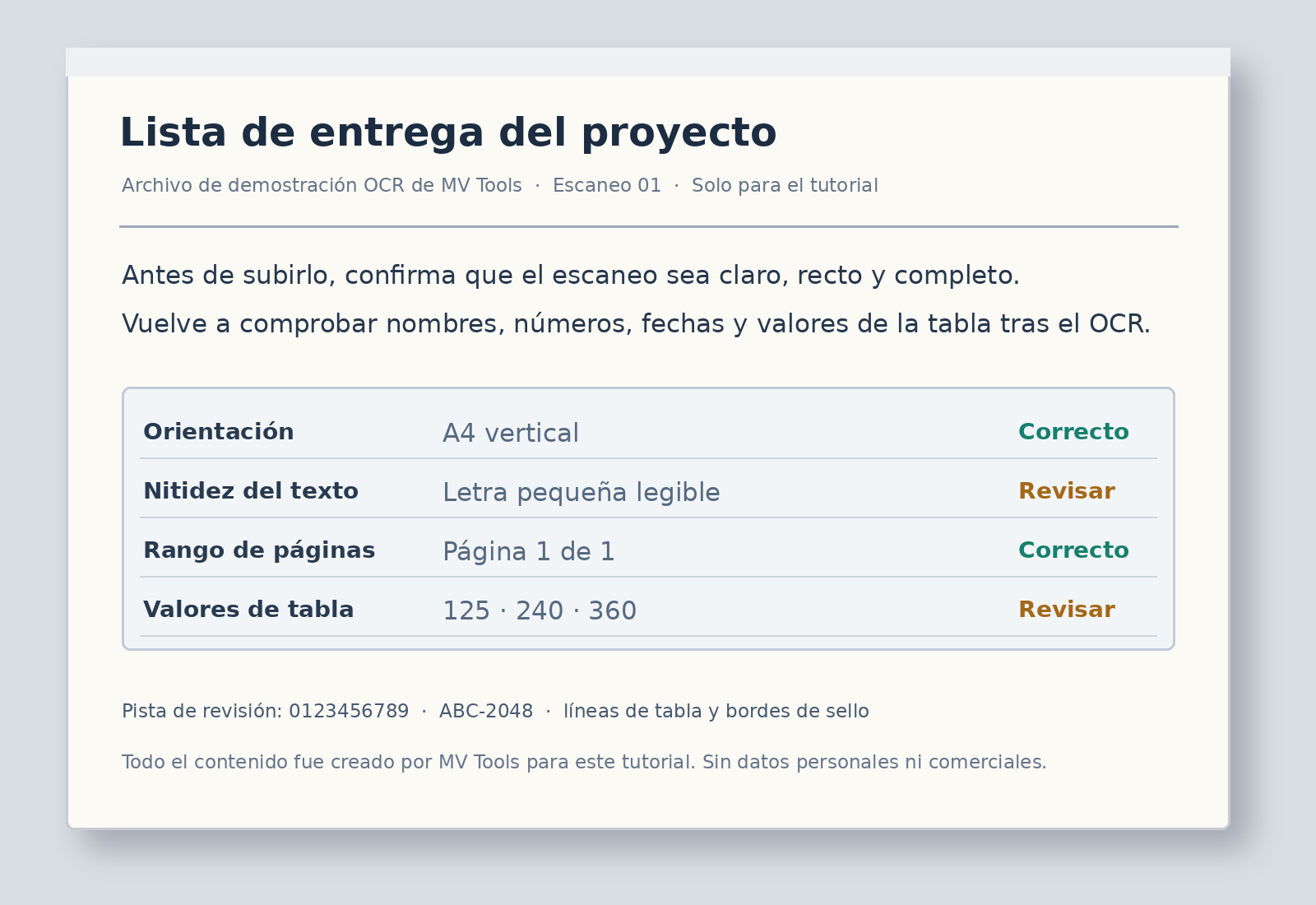 Página escaneada de demostración en español con notas, números y una lista de cuatro filas creada para la prueba