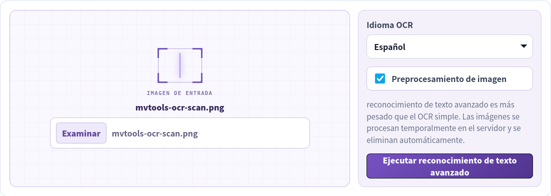 OCR avanzado de imagen con un escaneo en español seleccionado, español y preprocesamiento activado