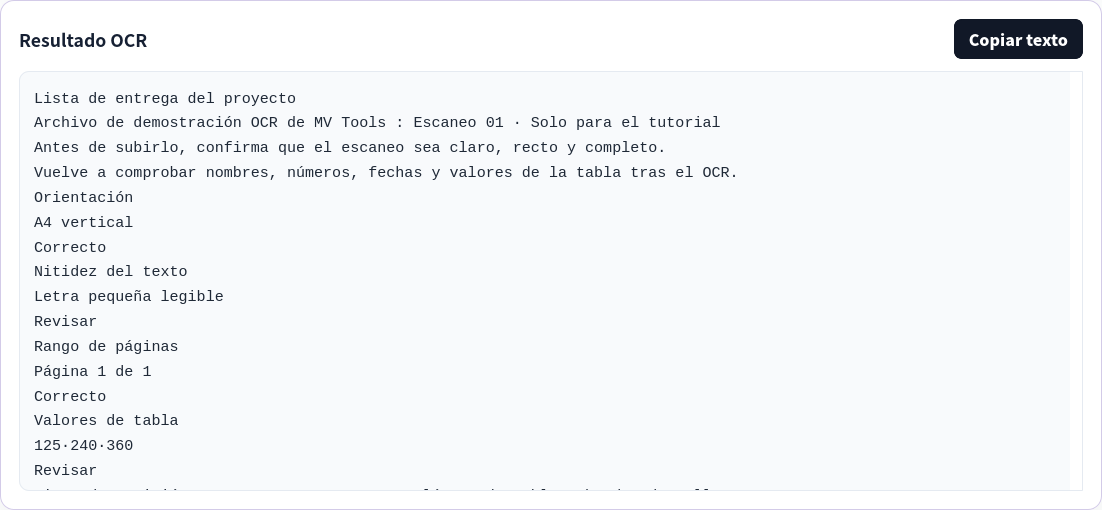 Panel de texto OCR con el texto extraído del escaneo de muestra