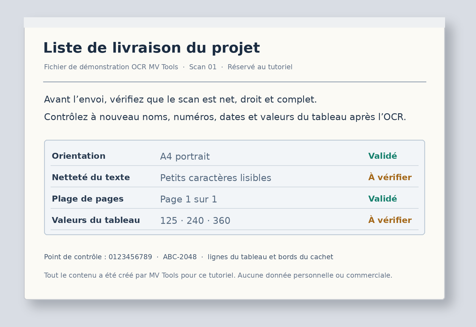 Page scannée de démonstration en français créée pour le test avec notes, nombres et liste à quatre lignes