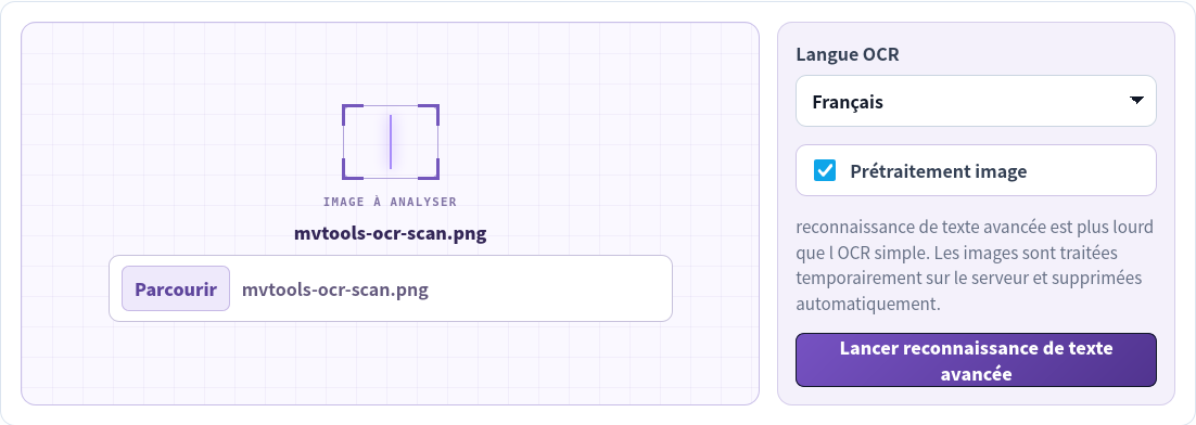 OCR avancé d’image avec un scan français sélectionné, le français et le prétraitement activé