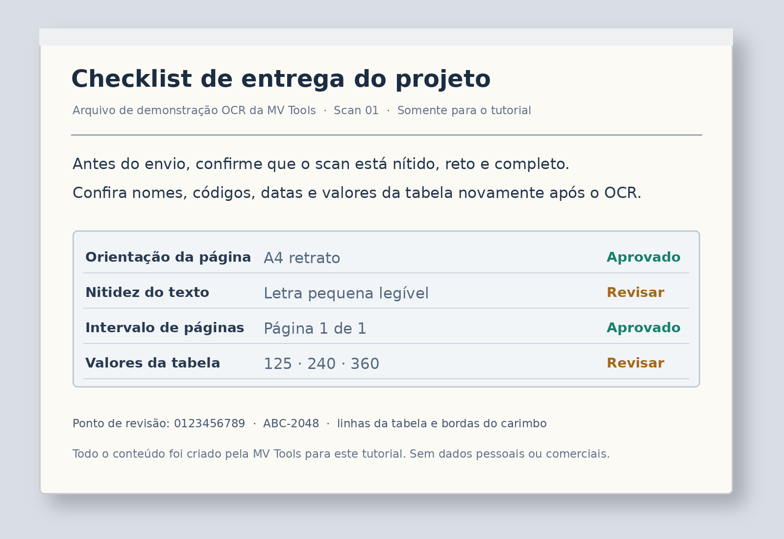 Página digitalizada de demonstração em português criada para o teste com notas, números e checklist de quatro linhas