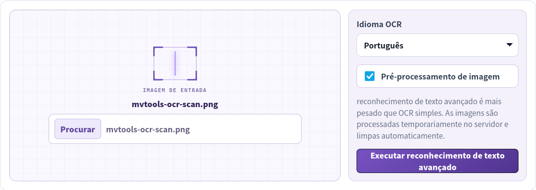 OCR avançado de imagem com scan em português selecionado, português e pré-processamento ativado