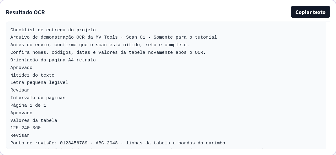 Painel de texto OCR mostrando o texto extraído do scan de exemplo