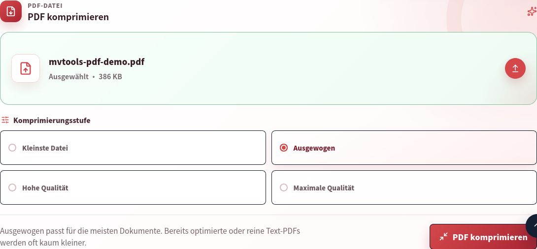PDF-Kompressor mit ausgewählter mvtools-pdf-demo.pdf, 386 KB, vier Profilen und der Schaltfläche PDF komprimieren