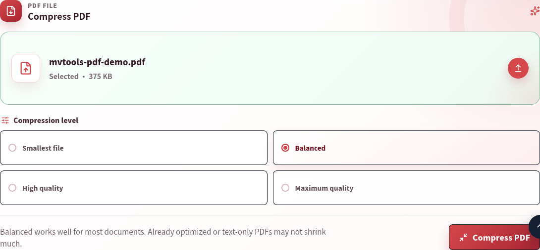 PDF Compressor with mvtools-pdf-demo.pdf selected at 375 KB, four profiles and the Compress PDF button