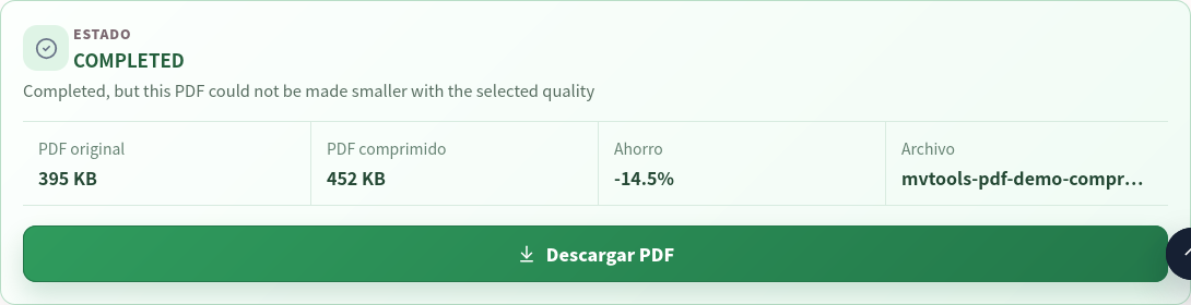 Proceso equilibrado completado: original de 395 KB, resultado de 452 KB y ahorro de -14.5%