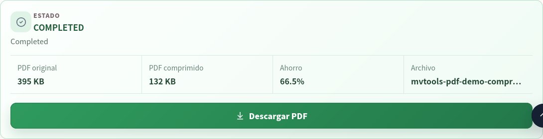 Segundo intento con Archivo más pequeño: 395 KB → 132 KB, ahorro de 66.5%