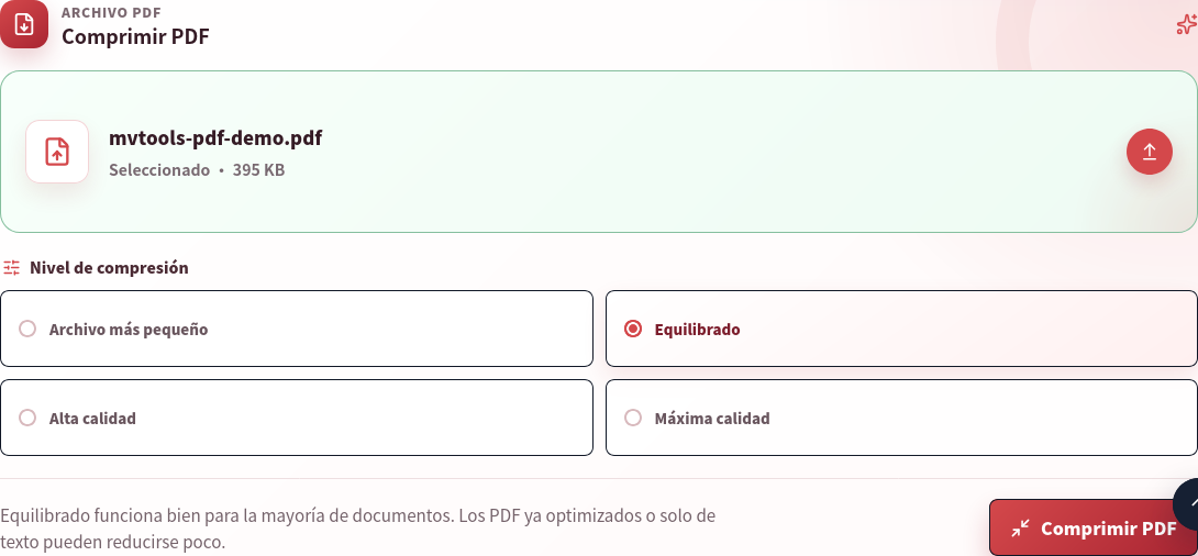 Compresor PDF con mvtools-pdf-demo.pdf de 395 KB seleccionado, cuatro perfiles y el botón Comprimir PDF
