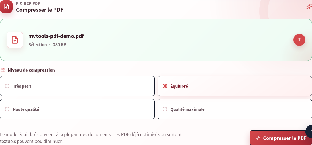 Compresseur PDF avec mvtools-pdf-demo.pdf de 380 KB sélectionné, quatre profils et le bouton Compresser le PDF