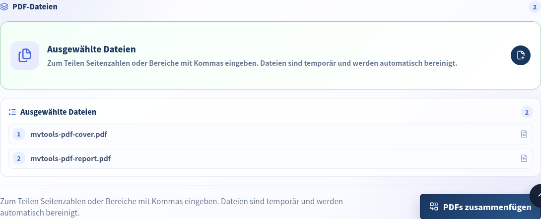 PDF-Werkzeug mit Datei A und B in nummerierter Auswahlreihenfolge