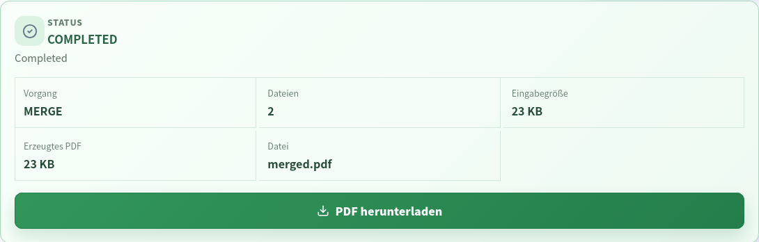 Abgeschlossenes PDF-Zusammenfügen mit MERGE, zwei Eingabedateien, Größe und Download von merged.pdf