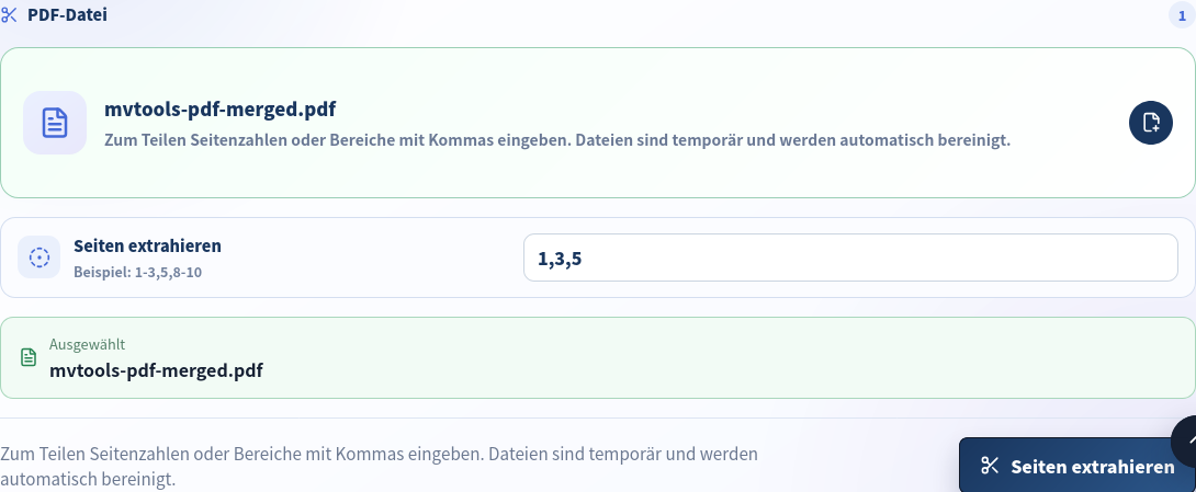PDF-Teilen mit ausgewähltem fünfseitigem merged.pdf und eingetragenen Seiten 1,3,5