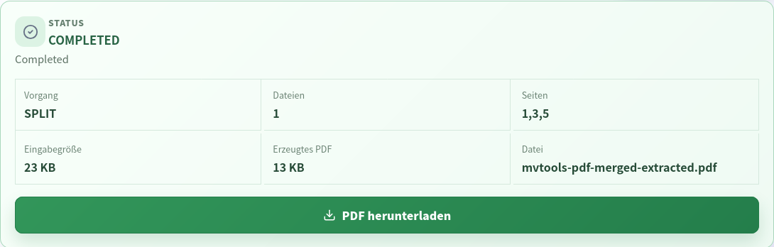 Abgeschlossenes PDF-Teilen mit Seiten 1,3,5, dreiseitiger Ausgabe und Download-Schaltfläche