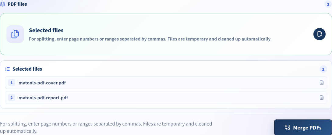 Merge and Split PDF tool with file A and file B selected in numbered order