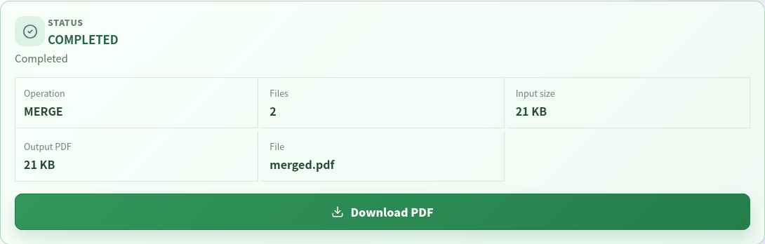 Completed PDF merge result showing MERGE, two input files, output size and merged.pdf download