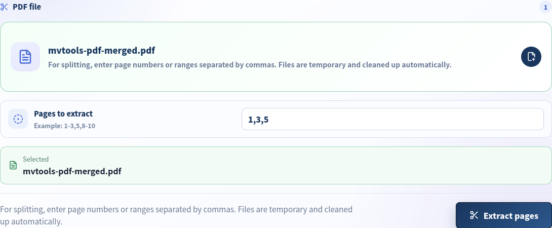 Split PDF tool with the five-page merged PDF selected and page range 1,3,5 entered