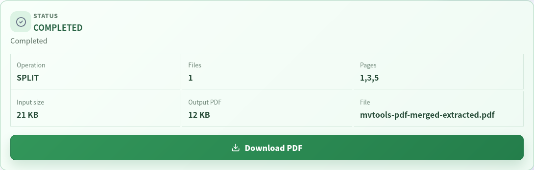 Completed PDF split result showing pages 1,3,5, a three-page output and download button