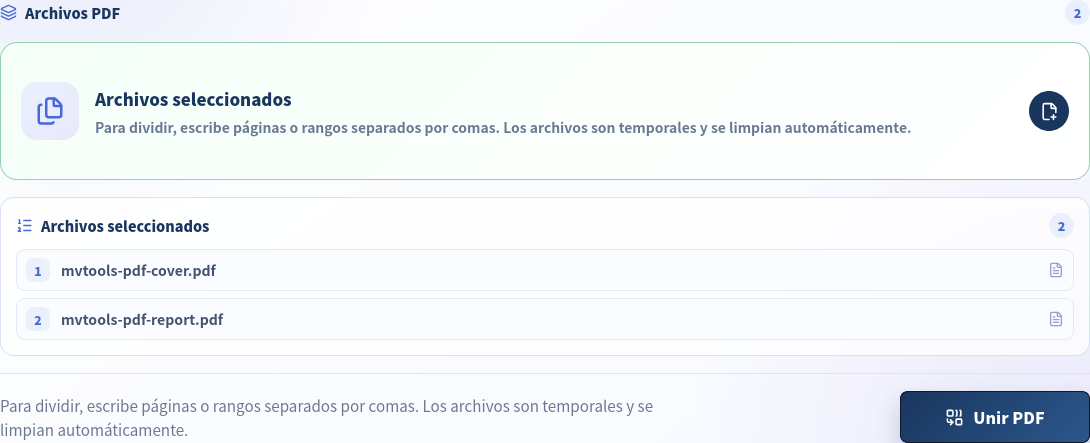 Herramienta Unir y dividir PDF con los archivos A y B seleccionados en orden numerado