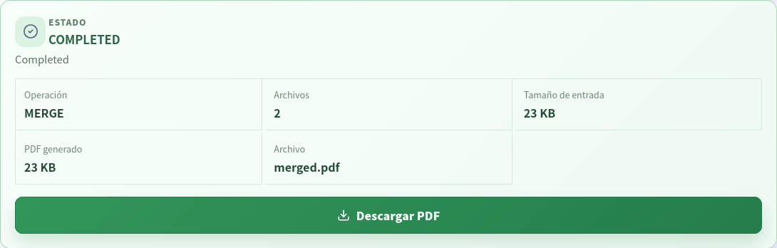 Resultado completado de unión PDF con MERGE, dos archivos de entrada, tamaño y descarga de merged.pdf