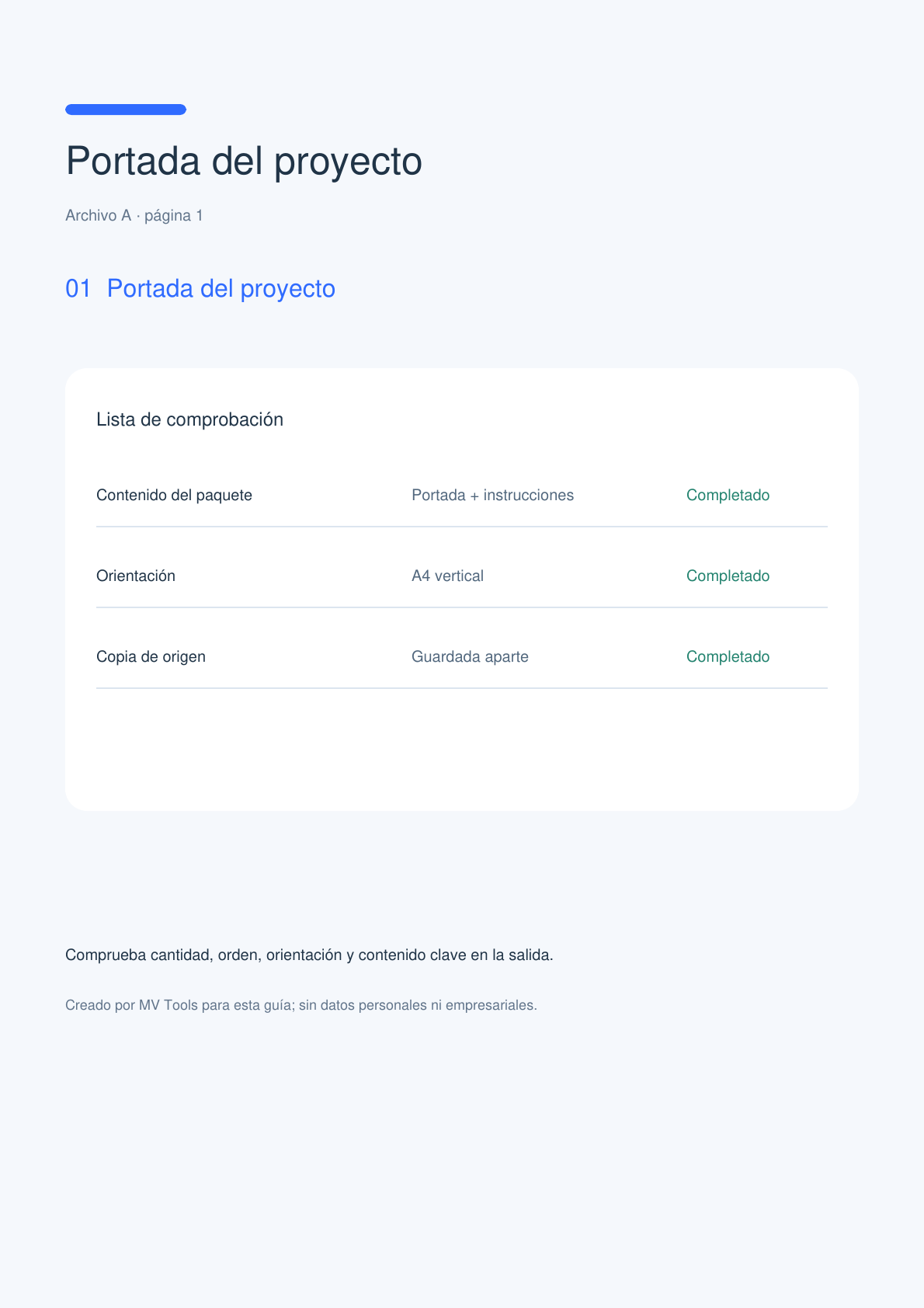 Primera página del PDF unido de cinco páginas con portada azul y lista de comprobación