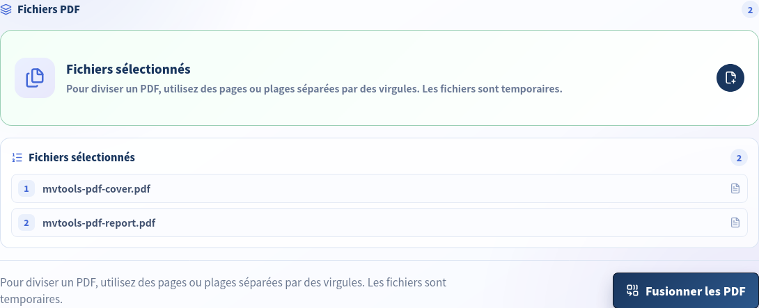 Outil Fusionner et diviser PDF avec les fichiers A et B sélectionnés dans l’ordre