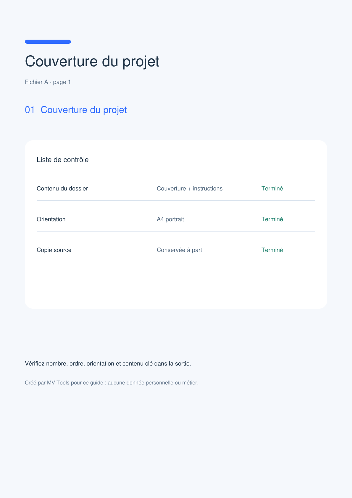 Première page du PDF fusionné de cinq pages avec couverture bleue et liste de contrôle