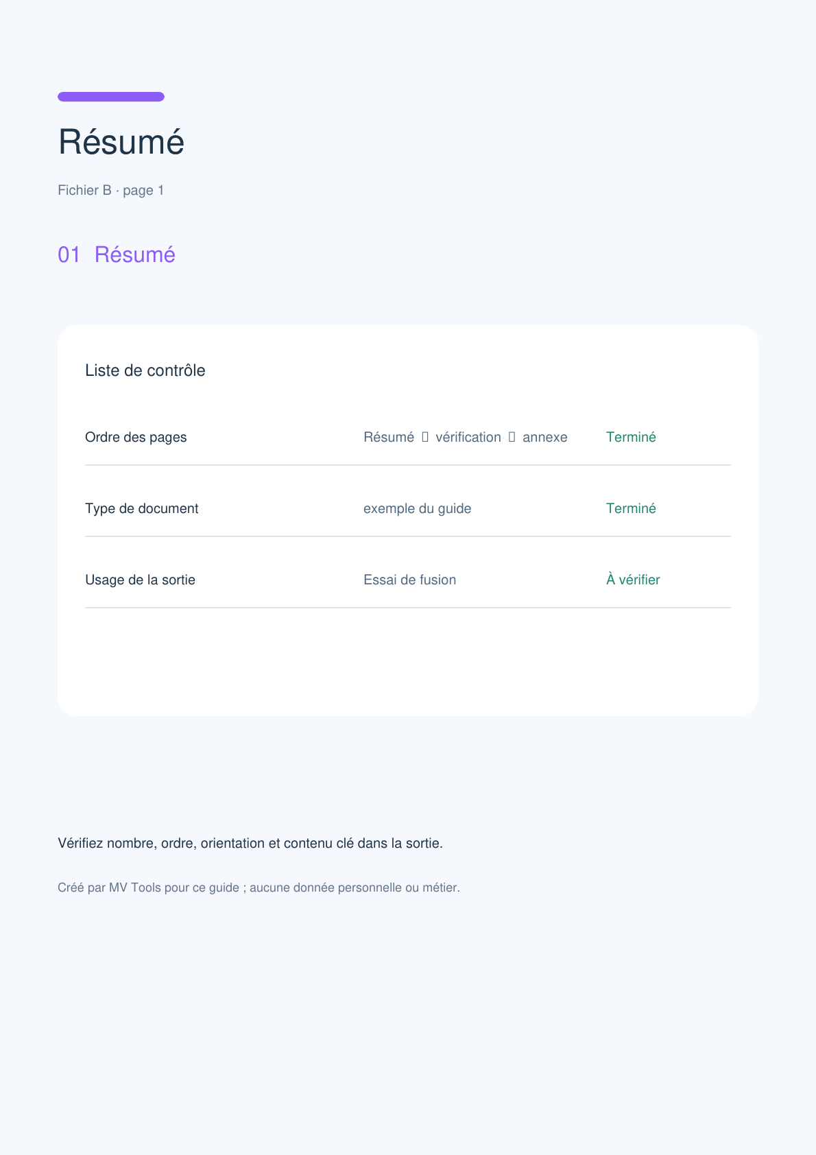 Page de rapport violet créée pour le guide avec résumé et liste de contrôle
