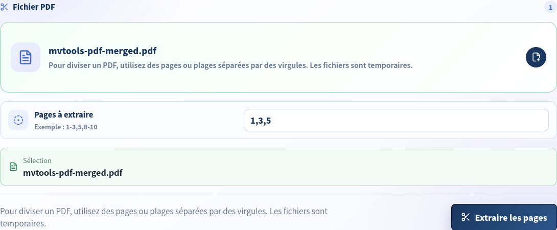 Outil de division avec le PDF fusionné de cinq pages et la sélection 1,3,5