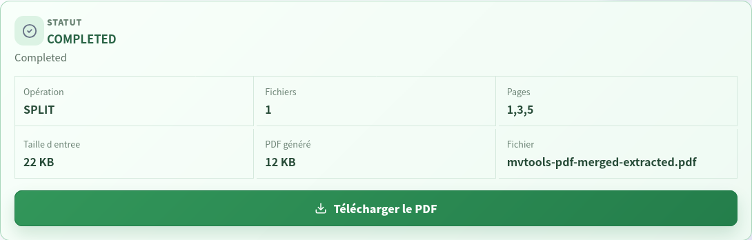 Résultat de division terminé avec les pages 1,3,5, une sortie de trois pages et le bouton de téléchargement