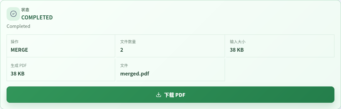 PDF 合并工具真实完成结果：MERGE、两个输入文件、原始大小和 merged.pdf 下载按钮