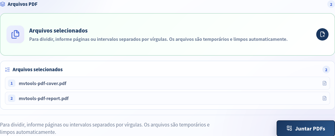 Ferramenta Juntar e dividir PDF com os arquivos A e B selecionados em ordem numerada