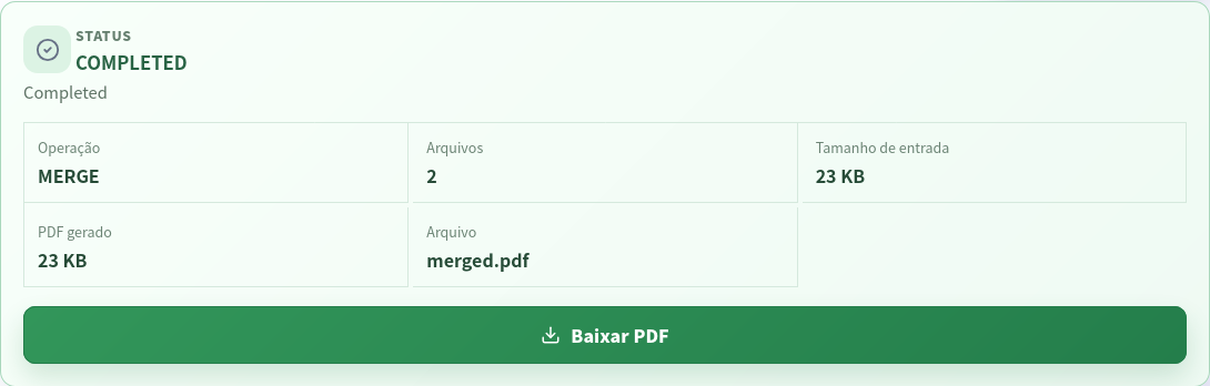 Resultado concluído de juntar PDF mostrando MERGE, dois arquivos, tamanho e download de merged.pdf