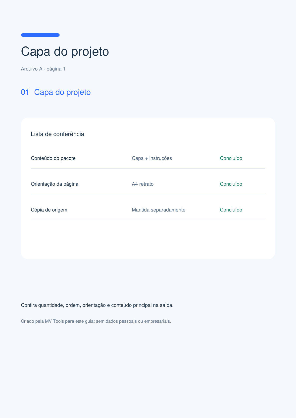 Primeira página do PDF juntado de cinco páginas com capa azul e lista de conferência