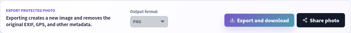 English export panel stating that a new image is created without original EXIF GPS and other metadata