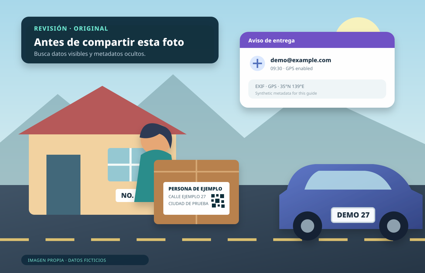 Foto sintética en español con rostro, etiqueta de dirección, aviso de entrega y matrícula que revisar antes de compartir