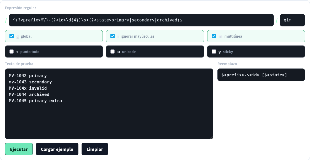Probador localizado con grupos nombrados, flags explícitos y casos rechazados.