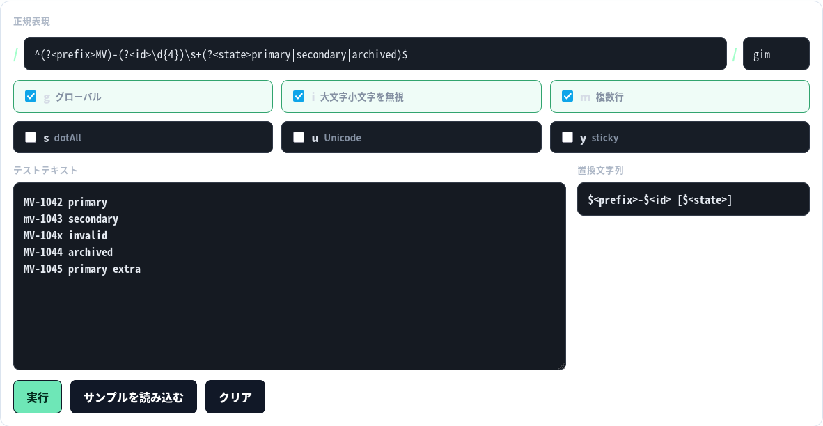 名前付きグループ、明示フラグ、有効行と拒否ケースを設定したローカライズ済みテスター。