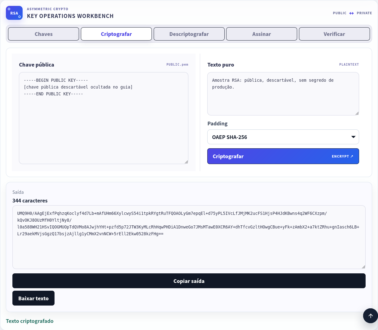 Amostra pública descartável criptografada com chave pública ocultada e OAEP SHA-256.