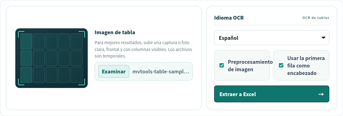 Imagen de tabla a Excel con la muestra en español seleccionada, preprocesamiento y encabezado activados
