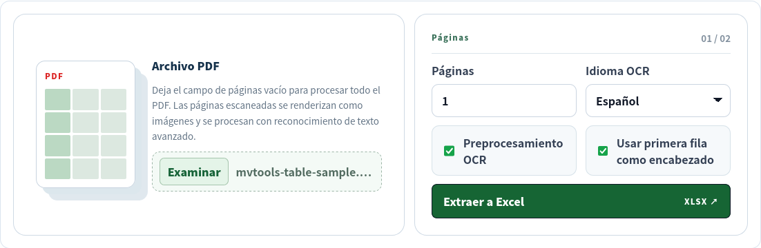 PDF de tabla a Excel con el PDF en español seleccionado y la página 1 indicada